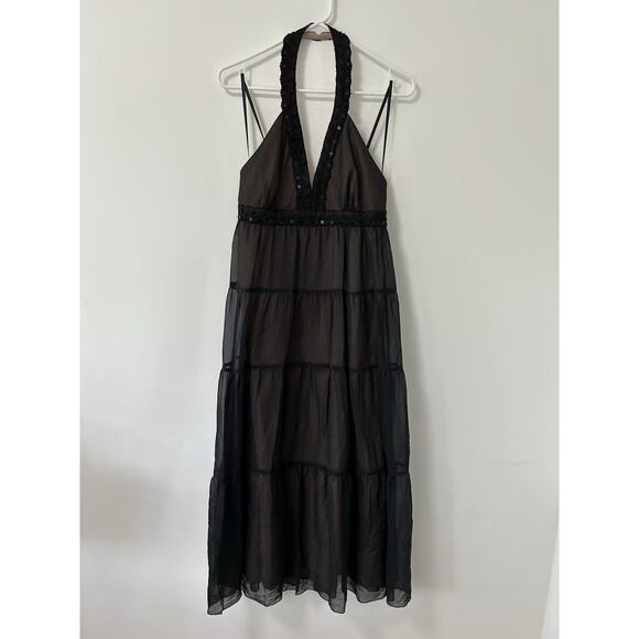 Y2K Babydoll Halter Dress Maxi Witchy Tiered Sequin BCBG Size 4 Black Whimsy - Picture 1 of 9